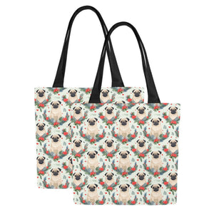Pug Winter Floral Festivity Large Canvas Tote Bags - Set of 2-Accessories-Accessories, Bags, Christmas, Pug-12