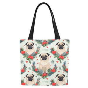 Pug Winter Floral Festivity Large Canvas Tote Bags - Set of 2-Accessories-Accessories, Bags, Christmas, Pug-6