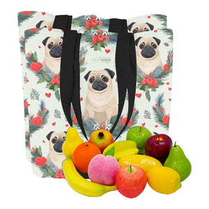 Pug Winter Floral Festivity Large Canvas Tote Bags - Set of 2-Accessories-Accessories, Bags, Christmas, Pug-7