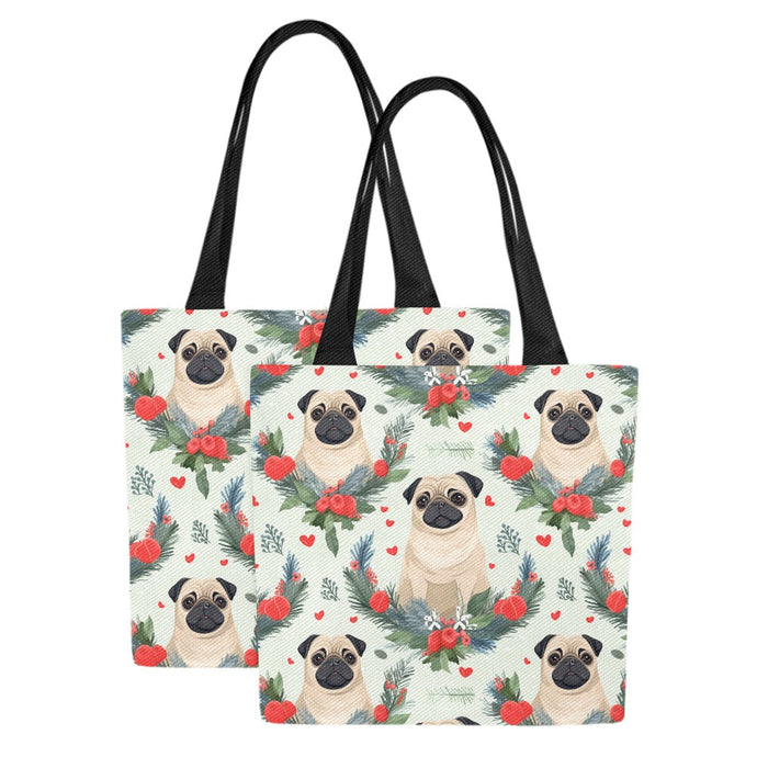 Pug Winter Floral Festivity Large Canvas Tote Bags - Set of 2-Accessories-Accessories, Bags, Christmas, Pug-Larger Pugs-Set of 2-1