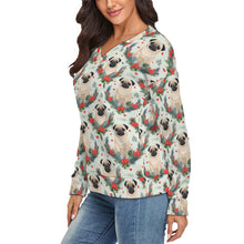 Load image into Gallery viewer, Pug Winter Floral Festivity Women's V-Neck Christmas Sweater-Apparel-Apparel,Christmas,Dog Mom Gifts,Pug,Sweater,Sweatshirt-3