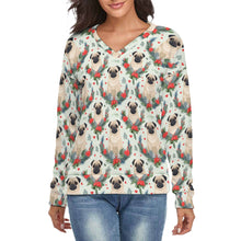 Load image into Gallery viewer, Pug Winter Floral Festivity Women's V-Neck Christmas Sweater-Apparel-Apparel,Christmas,Dog Mom Gifts,Pug,Sweater,Sweatshirt-S-2