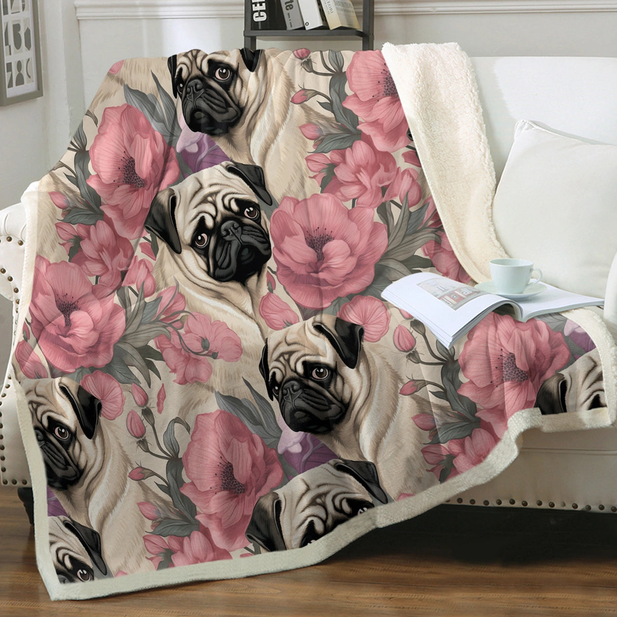 Pugs And Pink Petals Soft Warm Fleece Blanket Small