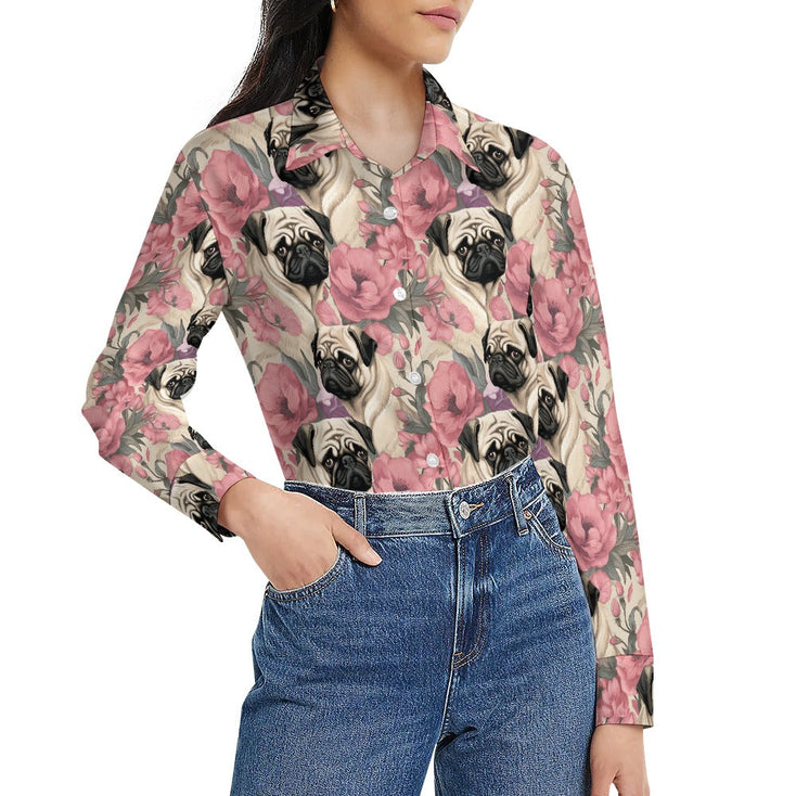 Pugs and Pink Petals Women's Shirt-Apparel-Apparel, Pug, Shirt-2