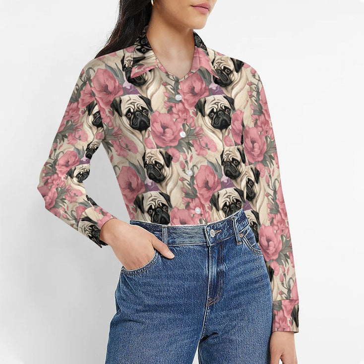 Pugs and Pink Petals Women's Shirt-Apparel-Apparel, Pug, Shirt-S-1
