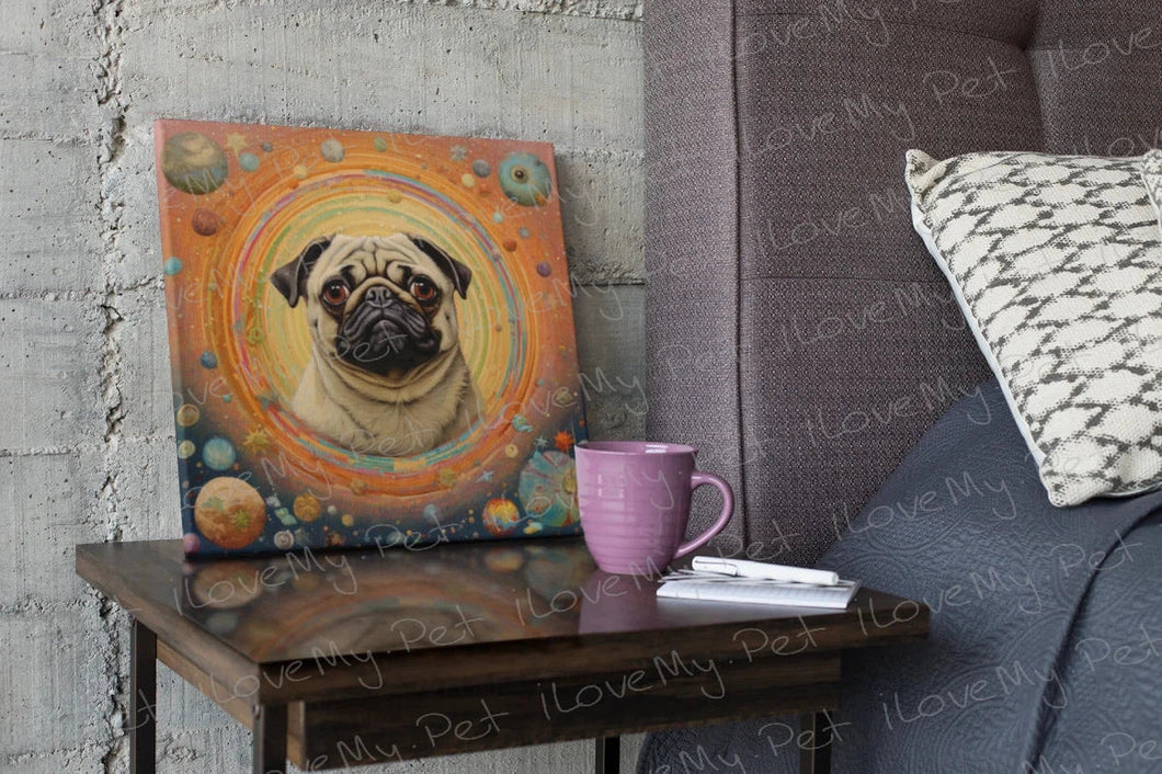 Pug's Celestial Reverie Framed Wall Art Poster-Art-Dog Art, Home Decor, Pug-Framed Light Canvas-Small - 8x8