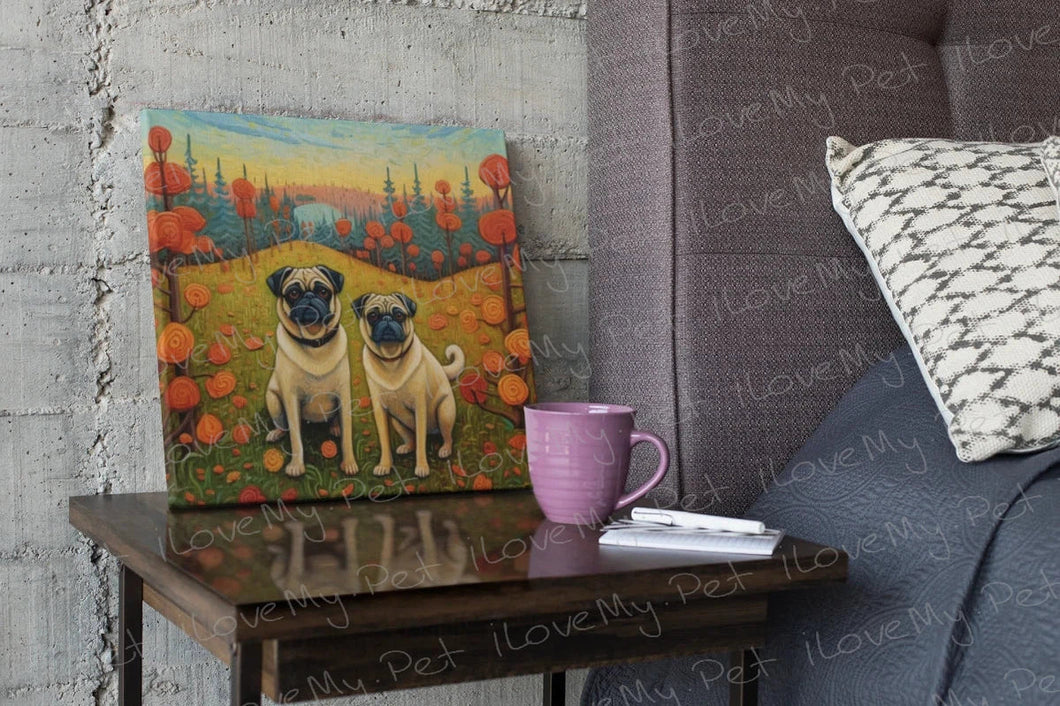 Pugs in Autumn's Embrace Framed Wall Art Poster-Art-Dog Art, Home Decor, Pug-Framed Light Canvas-Small - 8x8