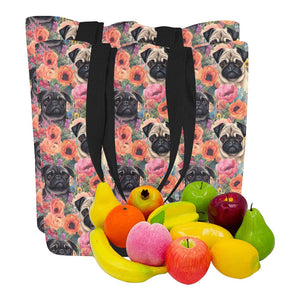Pugs in Summer Bloom Large Canvas Tote Bags - Set of 2-Accessories-Accessories, Bags, Pug, Pug - Black-4
