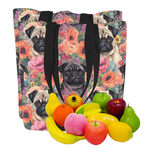 Pugs in Summer Bloom Large Canvas Tote Bags - Set of 2-Accessories-Accessories, Bags, Pug, Pug - Black-9