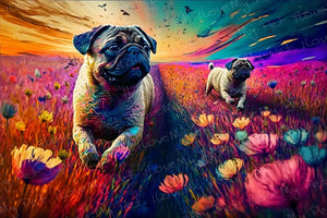 Pugs in Twilight Bloom Wall Art Poster-Art-Dog Art, Home Decor, Poster, Pug-Light Canvas-Tiny - 8x10"-1