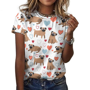 Pugs with Multicolor Hearts All Over Print Women's Cotton T-Shirt - 4 Colors-Apparel-Apparel, Pug, Shirt, T Shirt-17