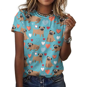 Pugs with Multicolor Hearts All Over Print Women's Cotton T-Shirt - 4 Colors-Apparel-Apparel, Pug, Shirt, T Shirt-19