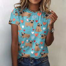 Load image into Gallery viewer, Pugs with Multicolor Hearts All Over Print Women&#39;s Cotton T-Shirt - 4 Colors-Apparel-Apparel, Pug, Shirt, T Shirt-Blue-2XS-3
