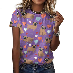 Pugs with Multicolor Hearts All Over Print Women's Cotton T-Shirt - 4 Colors-Apparel-Apparel, Pug, Shirt, T Shirt-Purple-2XS-4