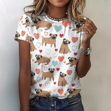 Load image into Gallery viewer, Pugs with Multicolor Hearts All Over Print Women&#39;s Cotton T-Shirt - 4 Colors-Apparel-Apparel, Pug, Shirt, T Shirt-White-2XS-1