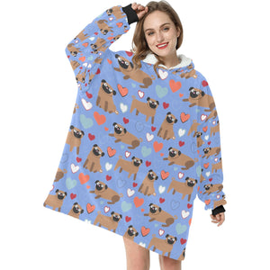 Pugs with Multicolor Hearts Blanket Hoodie for Women-Apparel-Apparel, Blankets-9