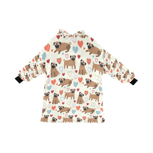 Pugs with Multicolor Hearts Blanket Hoodie for Women-Apparel-Apparel, Blankets-Ivory-ONE SIZE-1