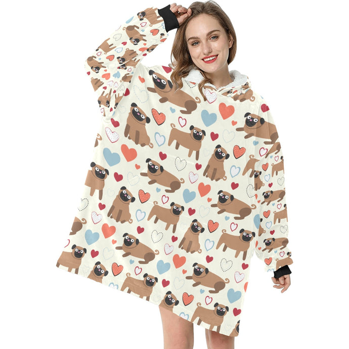 Pugs with Multicolor Hearts Blanket Hoodie for Women-Apparel-Apparel, Blankets-3