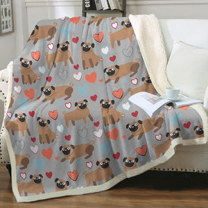 Pugs with Multicolor Hearts Soft Warm Fleece Blanket-Blanket-Blankets, Home Decor, Pug-Warm Gray-Small-3