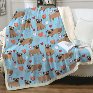 Pugs with Multicolor Hearts Soft Warm Fleece Blanket-Blanket-Blankets, Home Decor, Pug-Sky Blue-Small-4