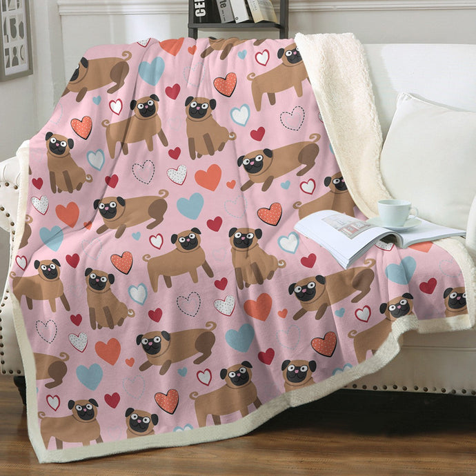 Pugs with Multicolor Hearts Soft Warm Fleece Blanket-Blanket-Blankets, Home Decor, Pug-Soft Pink-Small-1
