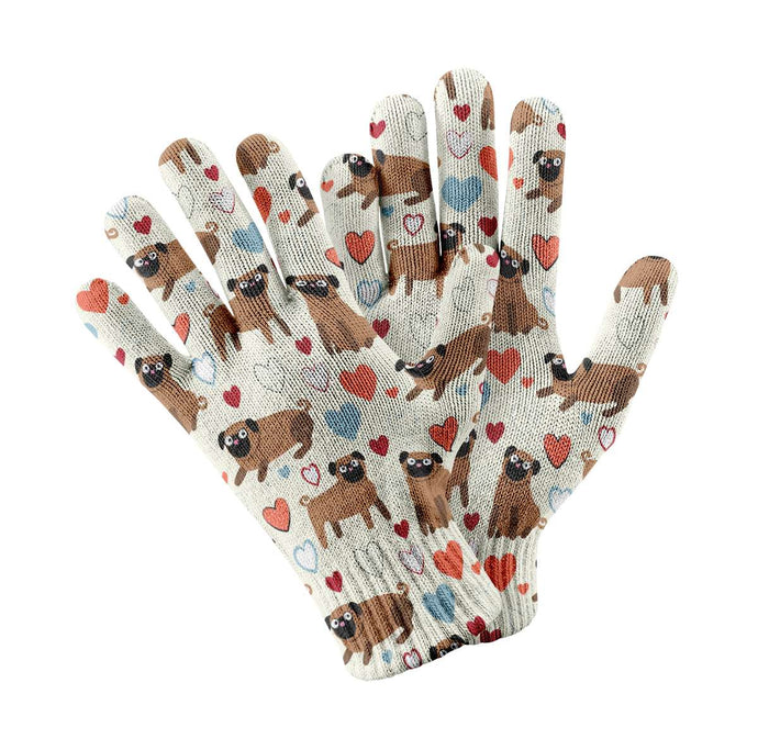 Pugs with Multicolor Hearts Touch Screen Gloves-Accessories-Accessories, Dog Dad Gifts, Dog Mom Gifts, Gloves, Pug-White-1