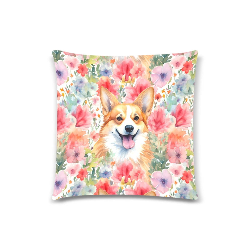 Radiant Corgi Reverie Floral Splendor Throw Pillow Covers-Cushion Cover-Corgi, Home Decor, Pillows-One Corgi-1
