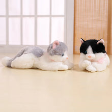 Load image into Gallery viewer, Realistic American Shorthair Cat Plushie - Black and White - Lying with Pink Inner Ears-3