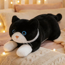 Load image into Gallery viewer, Realistic Black and White Cat Plush Toy - Happy Face Blue Eyes Play Pose