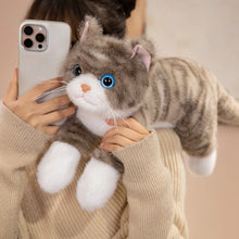 Load image into Gallery viewer, Realistic Black and White Cat Plush Toy - Happy Face Blue Eyes Play Pose