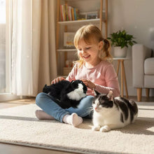Load image into Gallery viewer, Child playing with a black and white cat on a carpeted floor in a bright room.