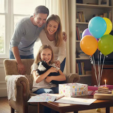 Load image into Gallery viewer, Family celebrating a birthday with balloons and a cake in a living room. while a girl holds a black and white cat stuffed animal.
