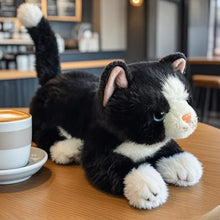 Load image into Gallery viewer, Realistic Black and White Cat Plushie - Stretching with Pink Nose-2