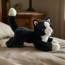 Load image into Gallery viewer, Realistic Black and White Cat Plushie - Stretching with Pink Nose-3