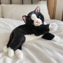Load image into Gallery viewer, Realistic Black and White Cat Plushie - Stretching with Pink Nose-4