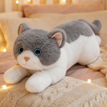Load image into Gallery viewer, Realistic Gray and White Cat Plush Toy - Happy Face Blue Eyes Play Pose