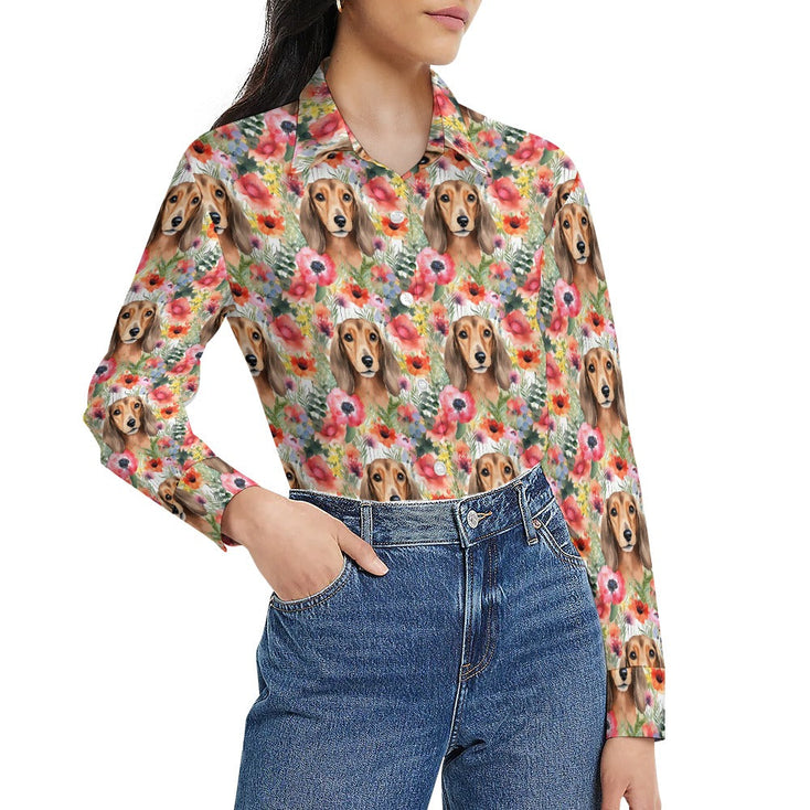 Red Dachshunds in Floral Harmony Women's Shirt-Apparel-Apparel, Dachshund, Shirt-4