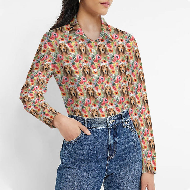 Red Dachshunds in Floral Harmony Women's Shirt-Apparel-Apparel, Dachshund, Shirt-2