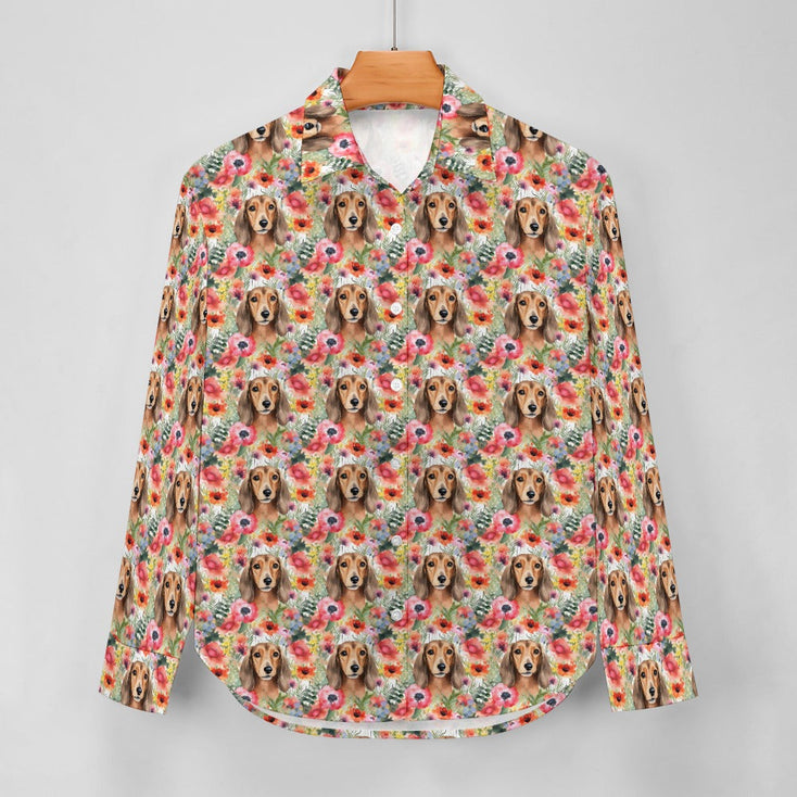 Red Dachshunds in Floral Harmony Women's Shirt-Apparel-Apparel, Dachshund, Shirt-8