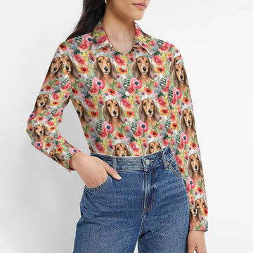 Red Dachshunds in Floral Harmony Women's Shirt-Apparel-Apparel, Dachshund, Shirt-Zoom In - Bigger Flowers-S-1