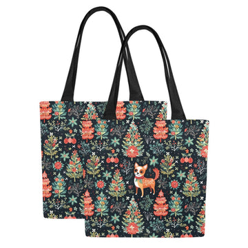 Red / Fawn and White Chihuahua Christmas Botanical Large Canvas Tote Bags - Set of 2-Accessories-Accessories, Bags, Chihuahua-One Chihuahua-Set of 2-1