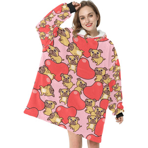 Red Heart Pugs Blanket Hoodie for Women-Apparel-Apparel, Blankets-7