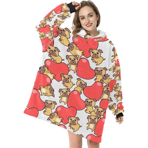 Red Heart Pugs Blanket Hoodie for Women-Apparel-Apparel, Blankets-3