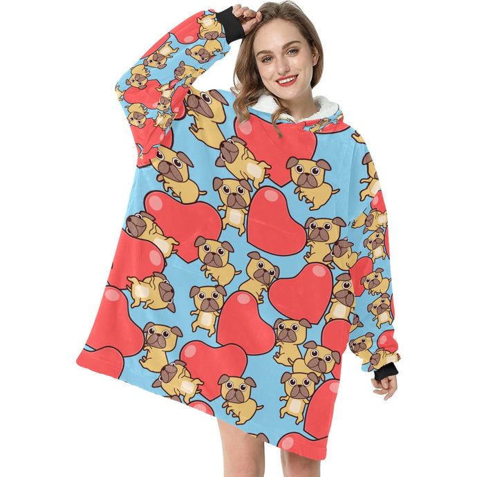 Red Heart Pugs Blanket Hoodie for Women-Apparel-Apparel, Blankets-9