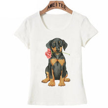 Load image into Gallery viewer, Image of a dachshund t-shirt featuring the cutest Dachshund with a red rose design