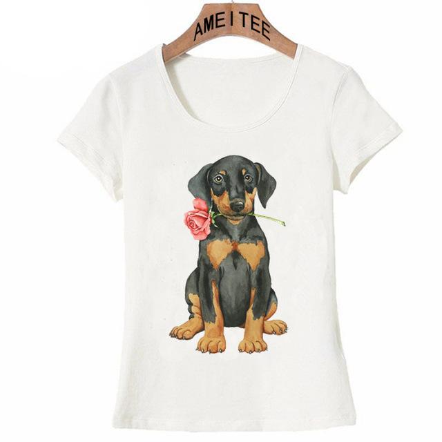Image of a dachshund t-shirt featuring the cutest Dachshund with a red rose design