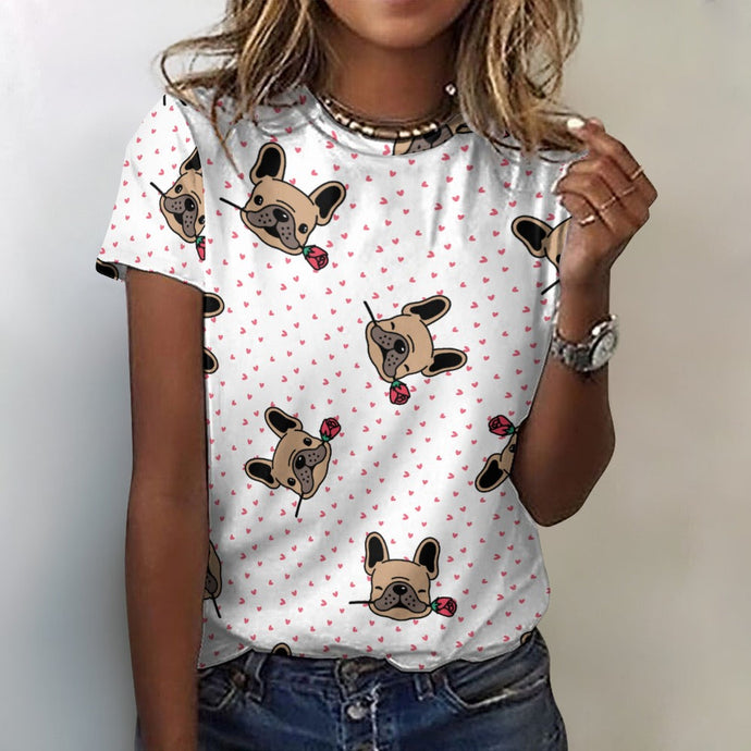Red Rose Fawn Frenchies Love All Over Print Women's Cotton T-Shirt - 4 Colors-Apparel-Apparel, French Bulldog, Shirt, T Shirt-White-2XS-1