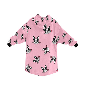 Red Rose Pied Black and White Frenchies Blanket Hoodie for Women-Apparel-Apparel, Blankets-2