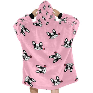 Red Rose Pied Black and White Frenchies Blanket Hoodie for Women-Apparel-Apparel, Blankets-4