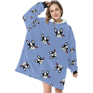 Red Rose Pied Black and White Frenchies Blanket Hoodie for Women-Apparel-Apparel, Blankets-9